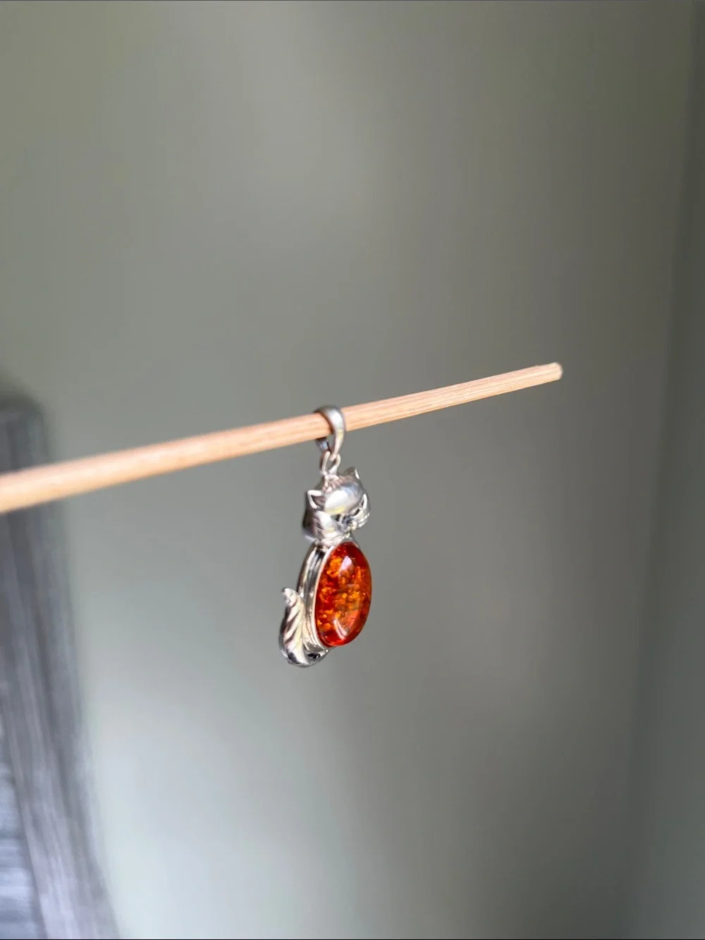 Sterling Silver Cat Pendant with Amber Stone - Brown